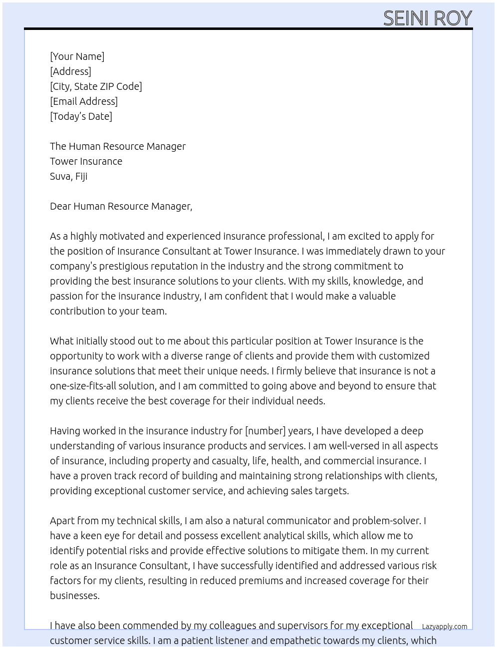 Insurance Consultant At Tower Insurance , Suva, Fiji Cover Letter