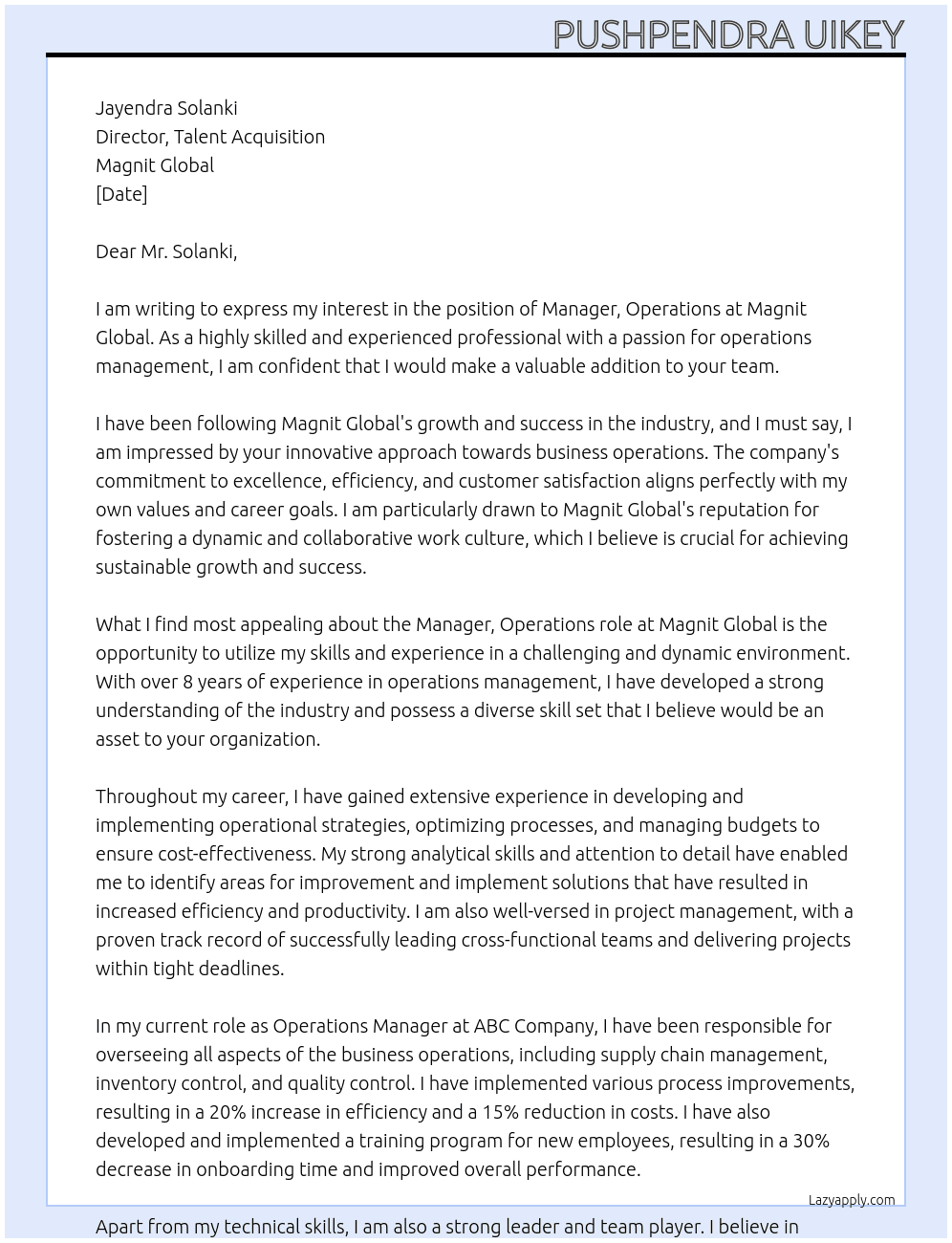 Manager, Operations At Magnit Global Cover Letter