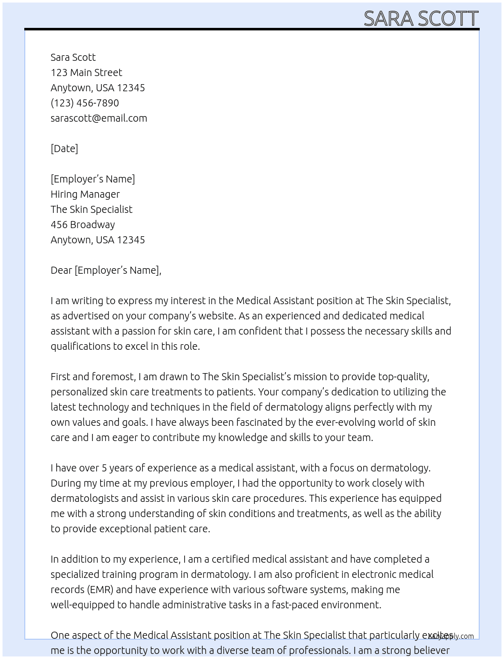 medical assistant At The Skin Specialist Cover Letter