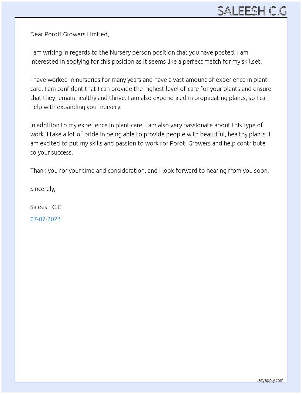 Nursery person At Poroti growers Cover Letter