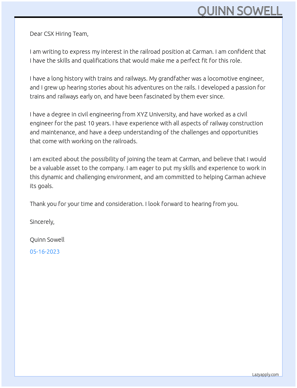 railroad At Carman Cover Letter