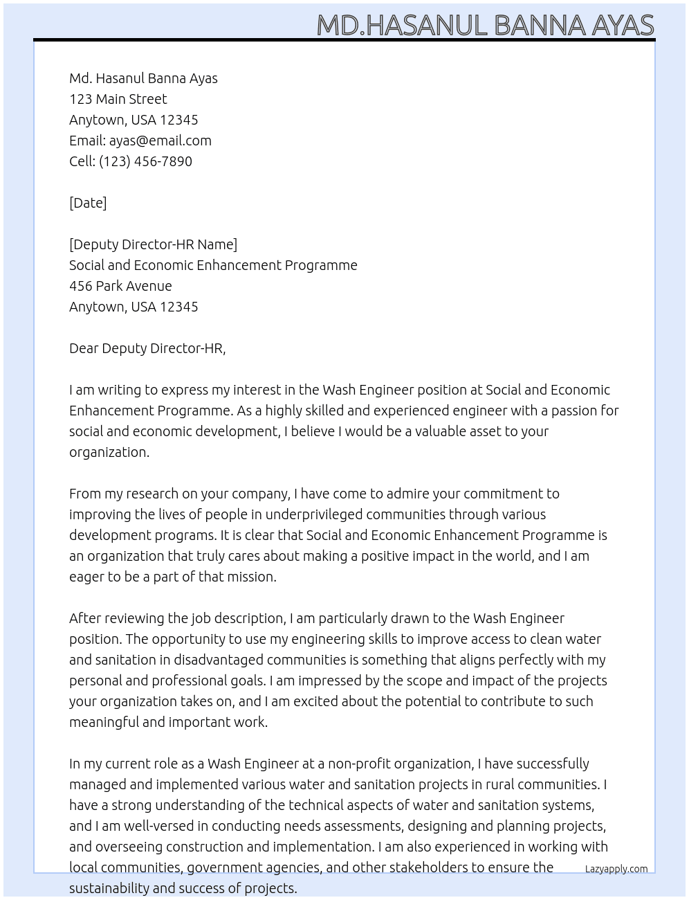 Wash Engineer  At Social and Economic Enhancement Programme Cover Letter