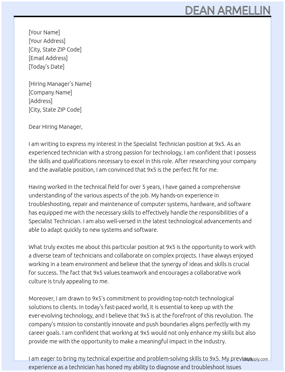 Specialist Technician At 9x5 Cover Letter