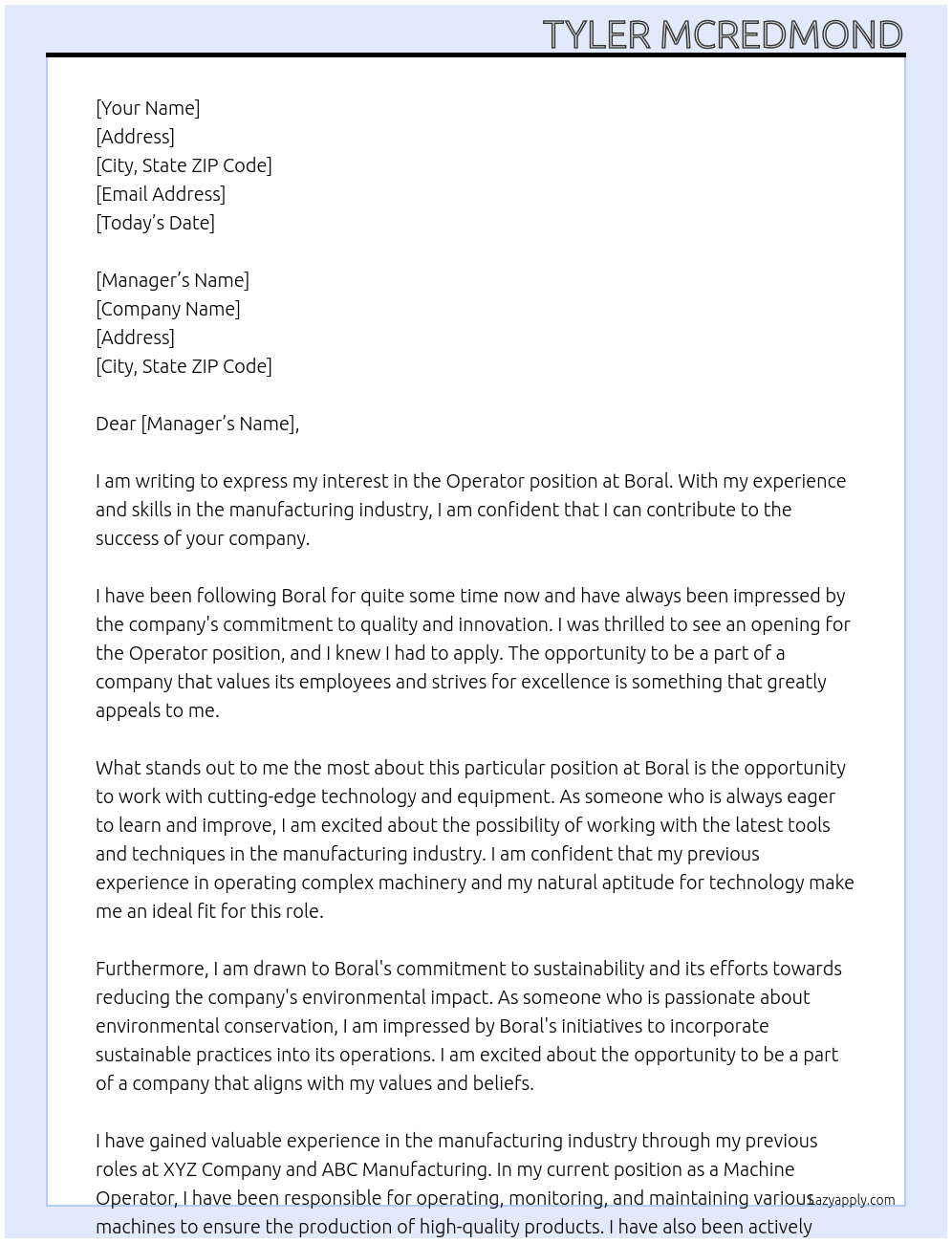 Operator  At Boral Cover Letter
