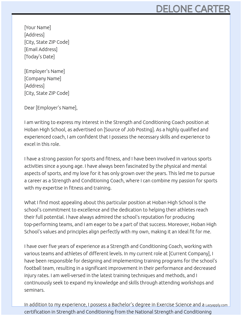 Strength and Conditioning Coach At Hoban Hidh School Cover Letter