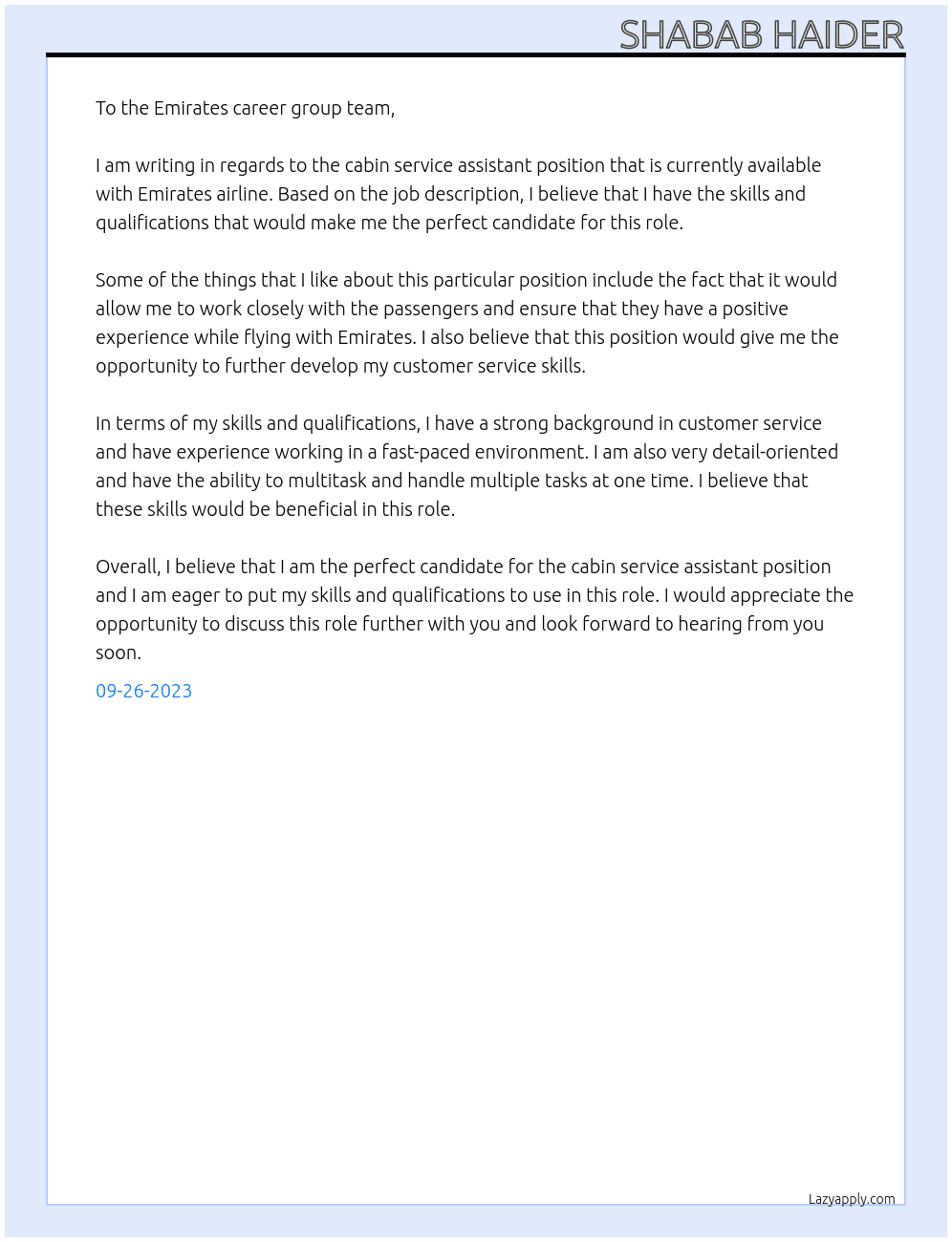 Cabin service assistant At Emirates airline Cover Letter