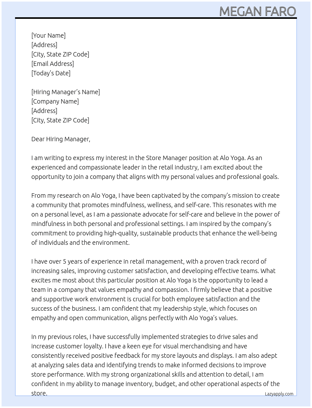 Store Manager At Alo Yoga Cover Letter