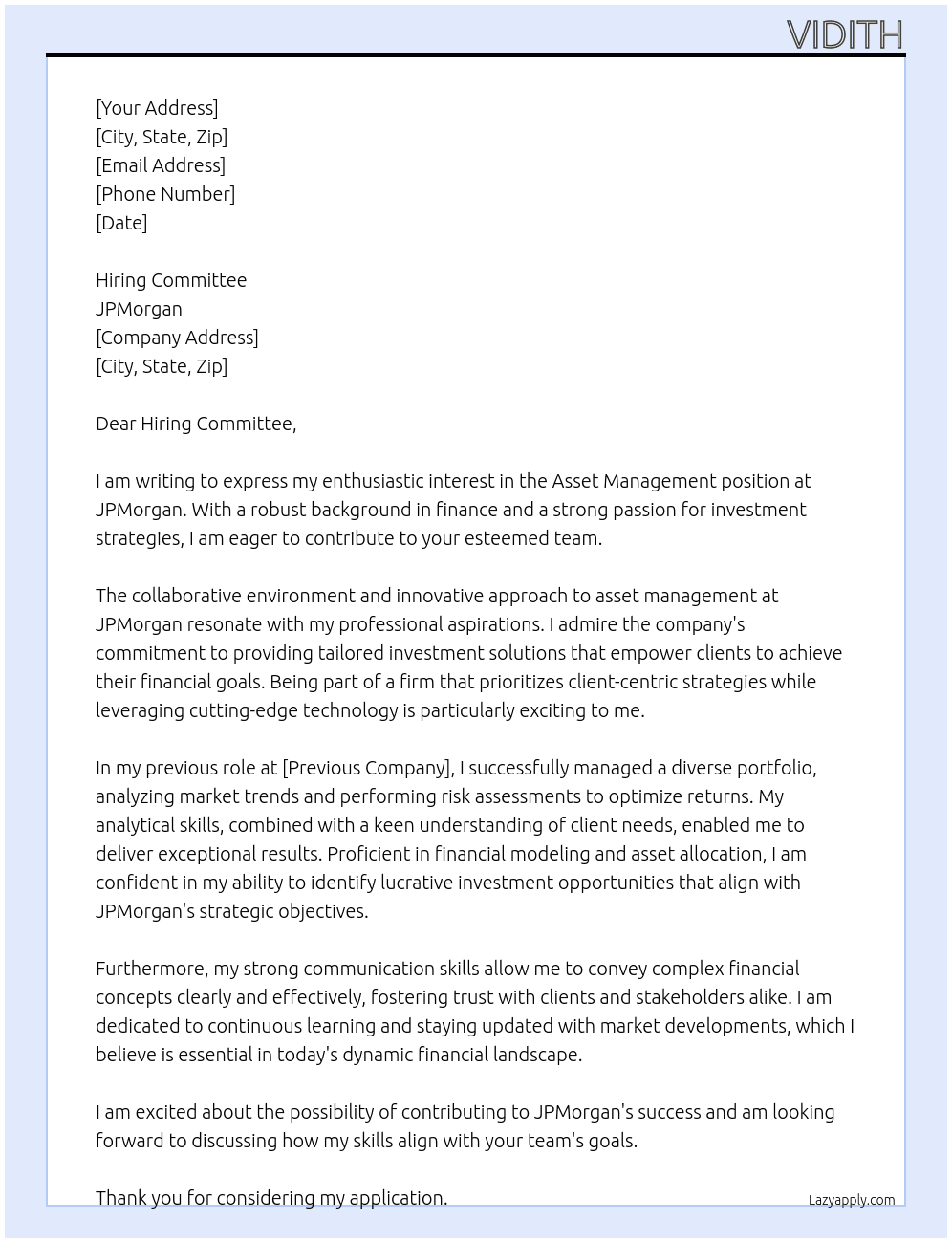asset management At JPMorgan Cover Letter