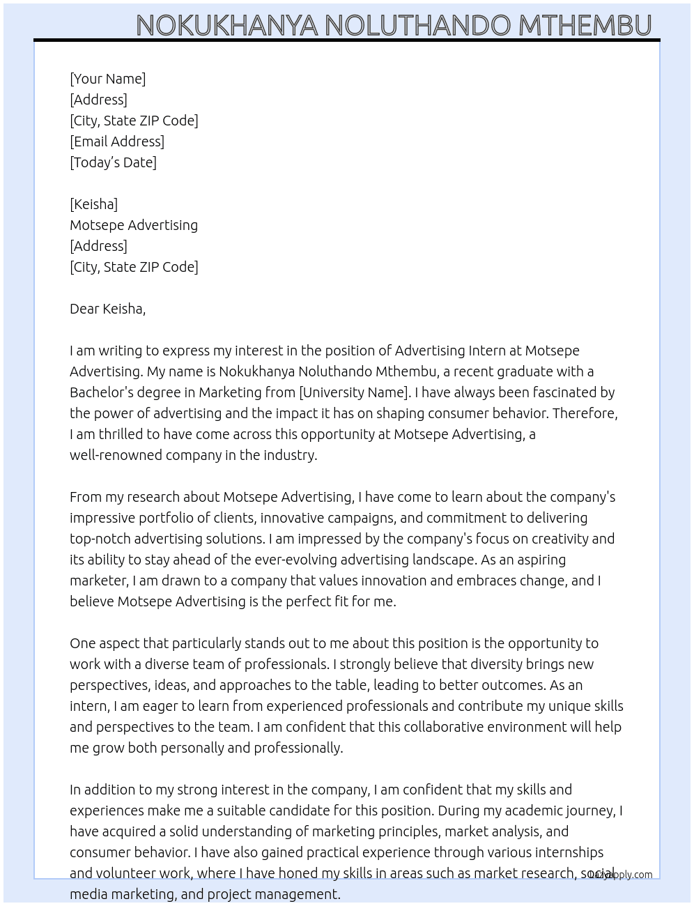 Advertising Intern At Motsepe Advertising  Cover Letter