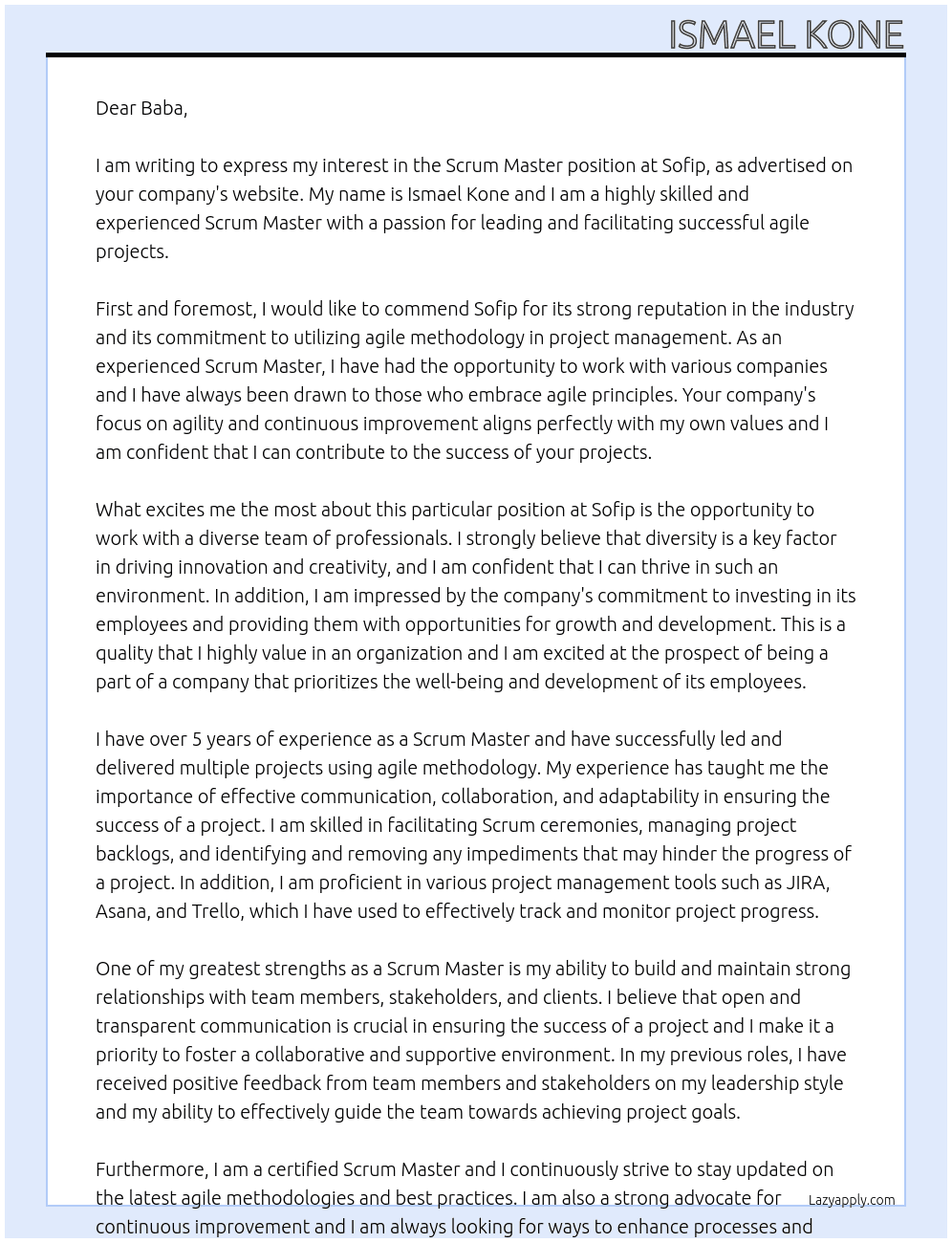 scrum master At sofip Cover Letter