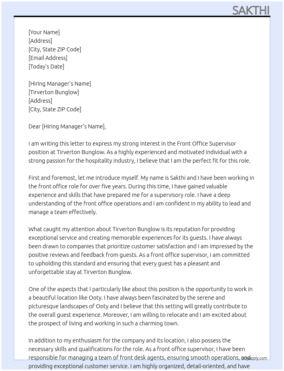 front office supervisor  At tirverton bunglow  Cover Letter