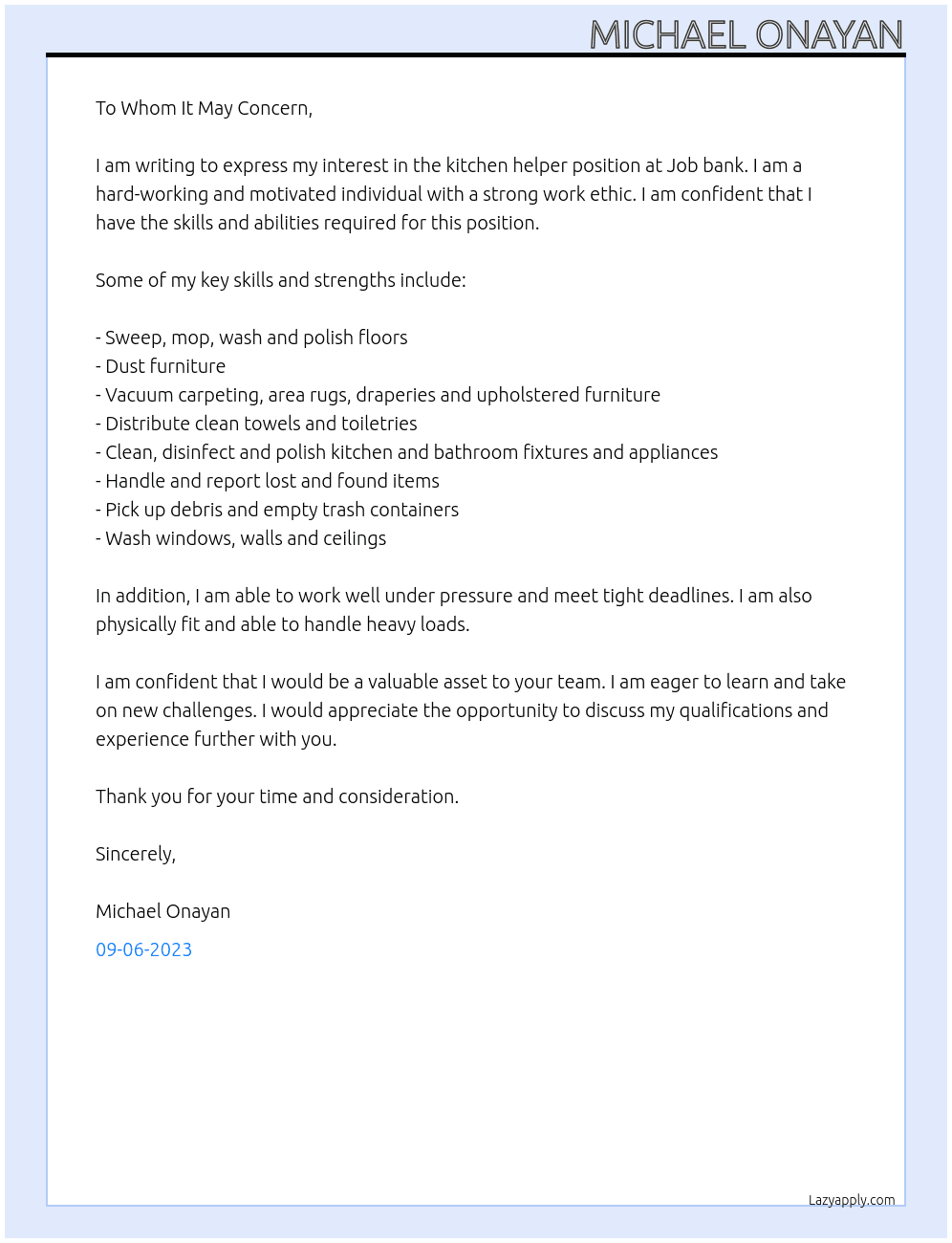 Kitchen helper  At Job bank Cover Letter