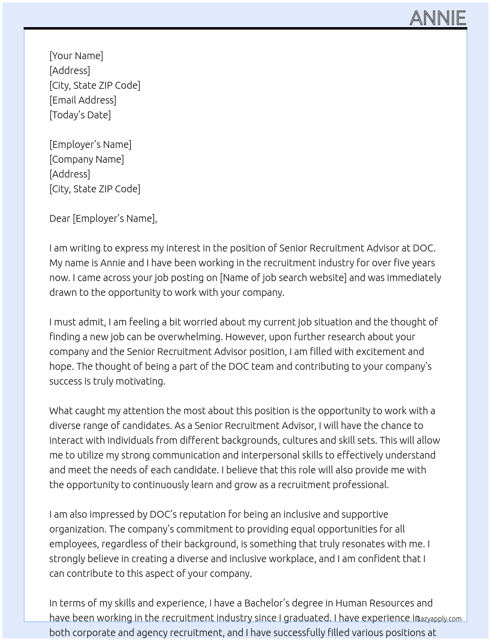 Senior Recruitment Adisor At DOC Cover Letter
