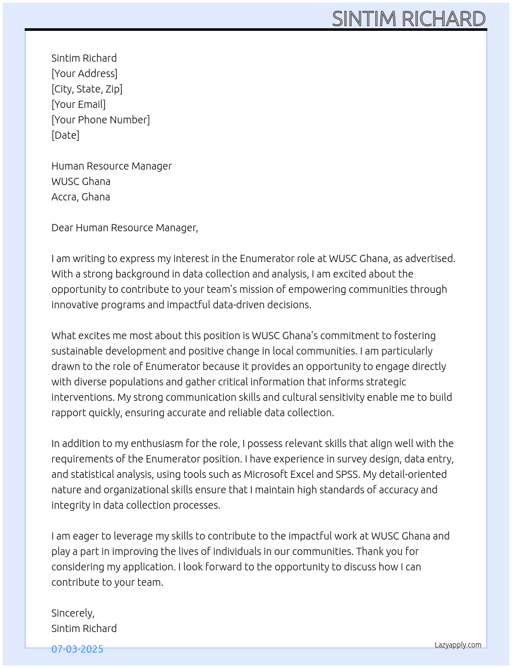 Data Collectors At WUSC Ghana - Accra, Ghana Cover Letter