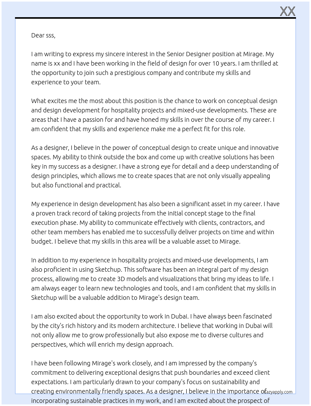Senior Designer At Mirage Cover Letter