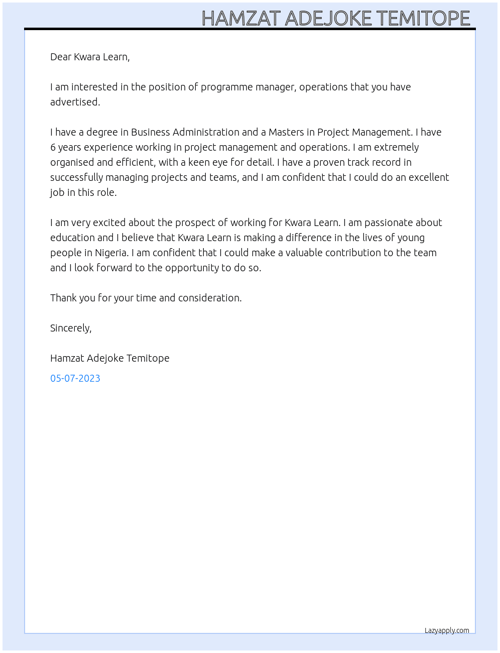 programme manager, oprations At Kwara learn Cover Letter