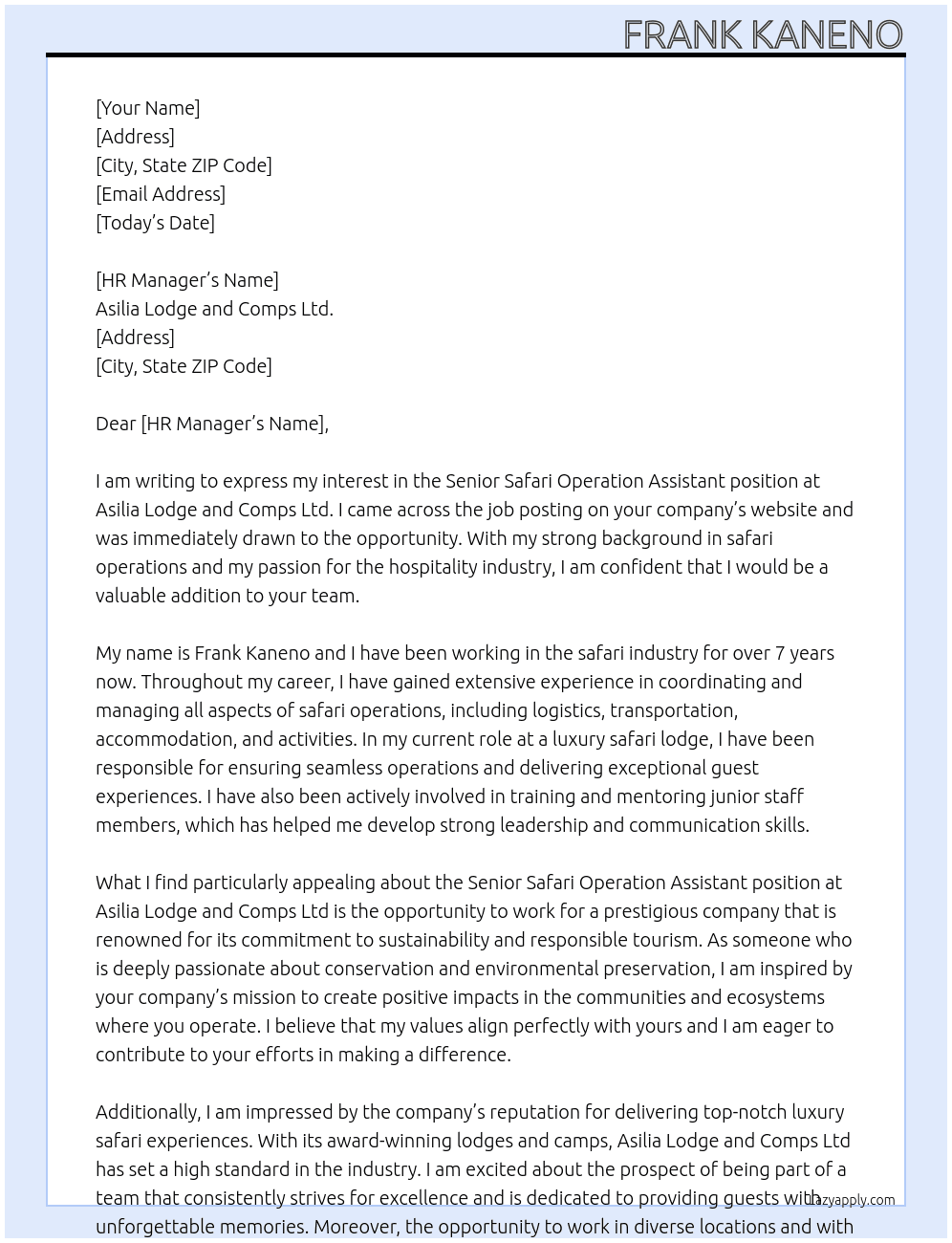 senior safari operation assistant  At asilia lodge and comps ldt Cover Letter