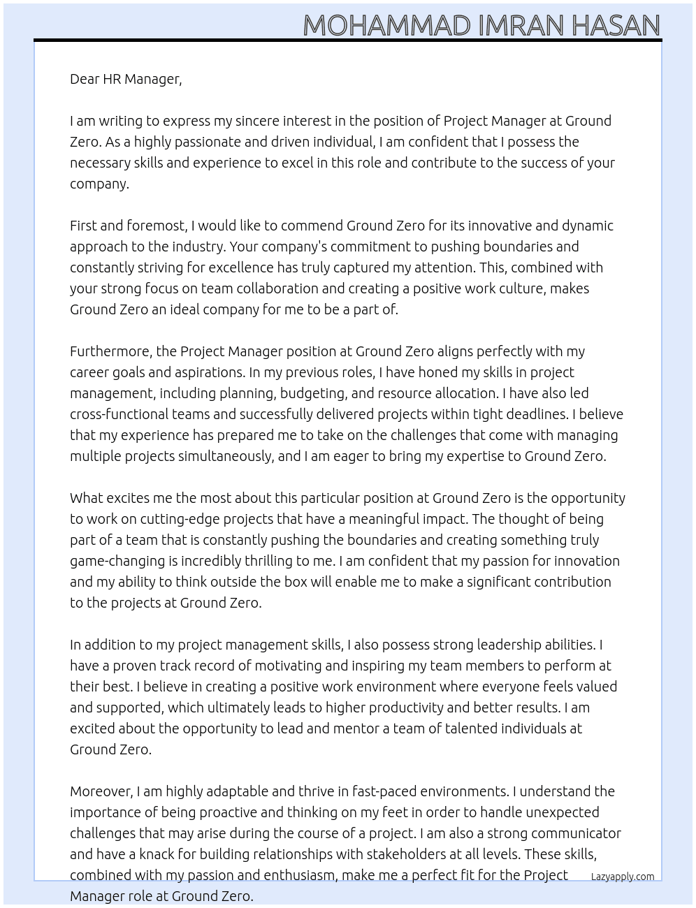 Project Manager At Ground Zero Cover Letter