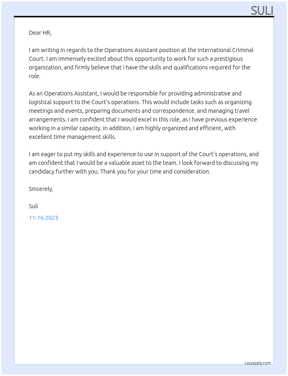 Operations Assistant At International Criminal Court Cover Letter