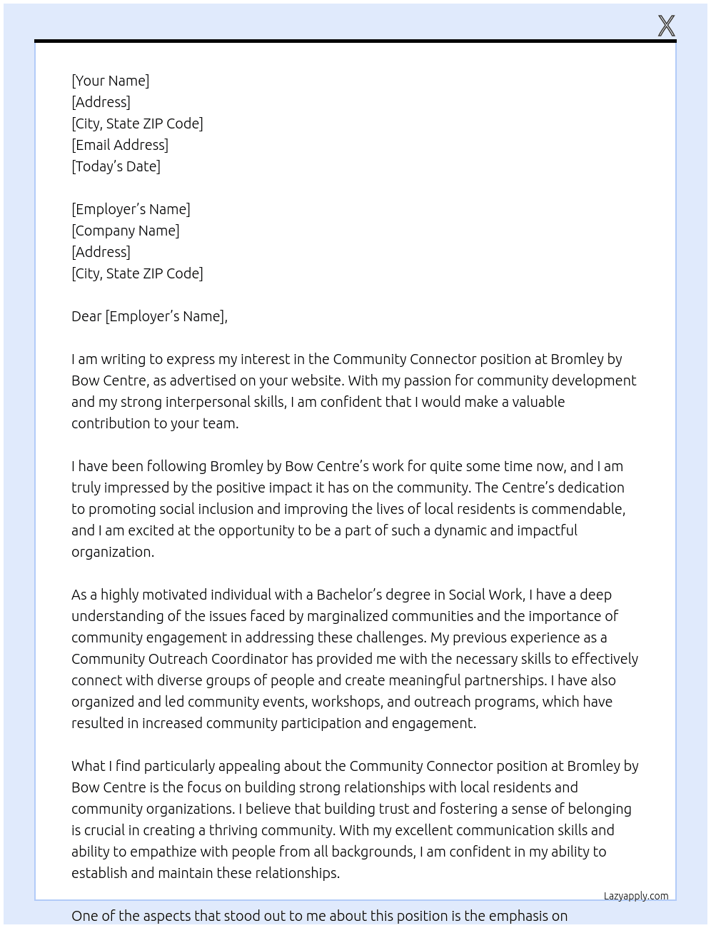 Community Connector At Bromley by Bow Centre Cover Letter