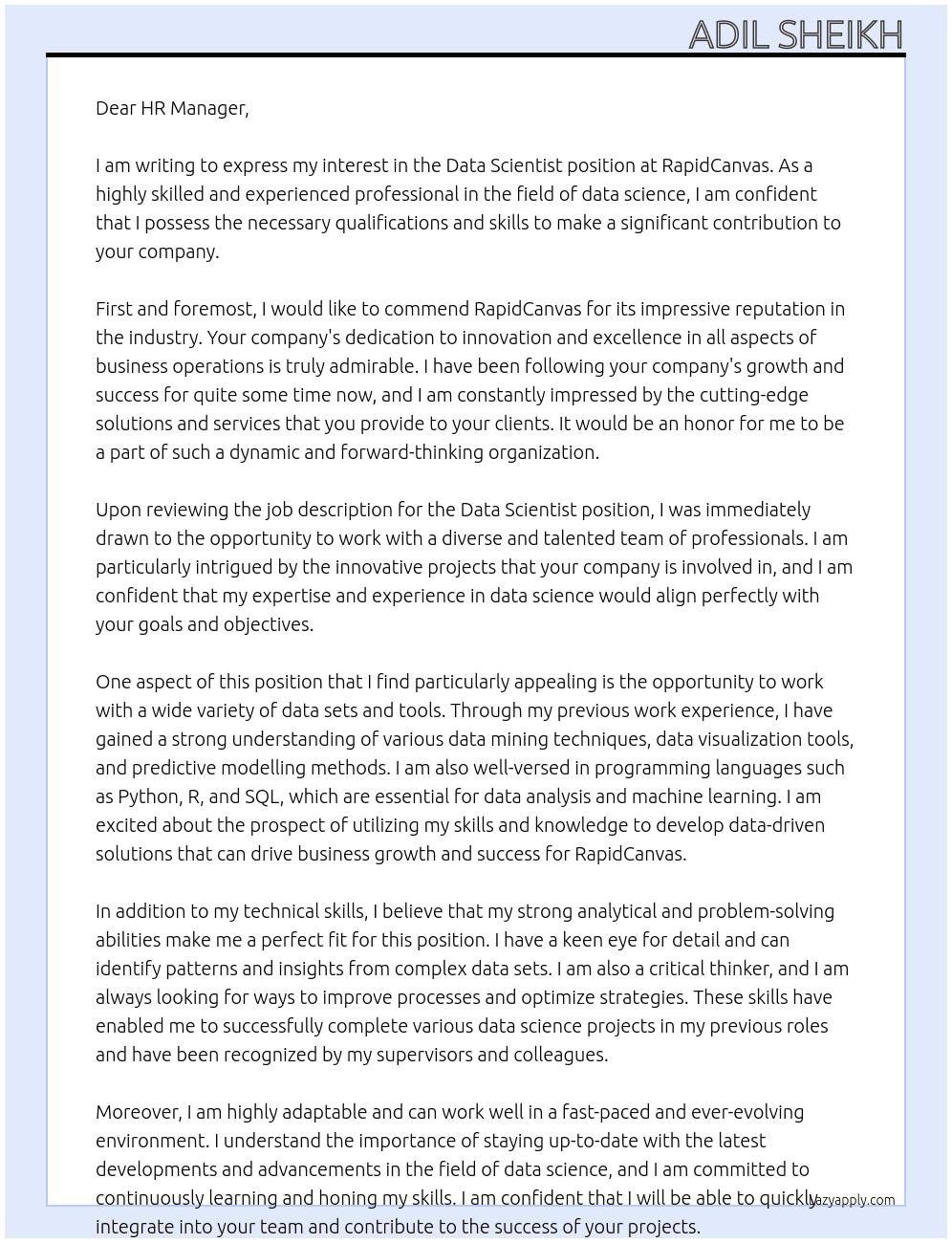 Data Scientist At RapidCanvas Cover Letter