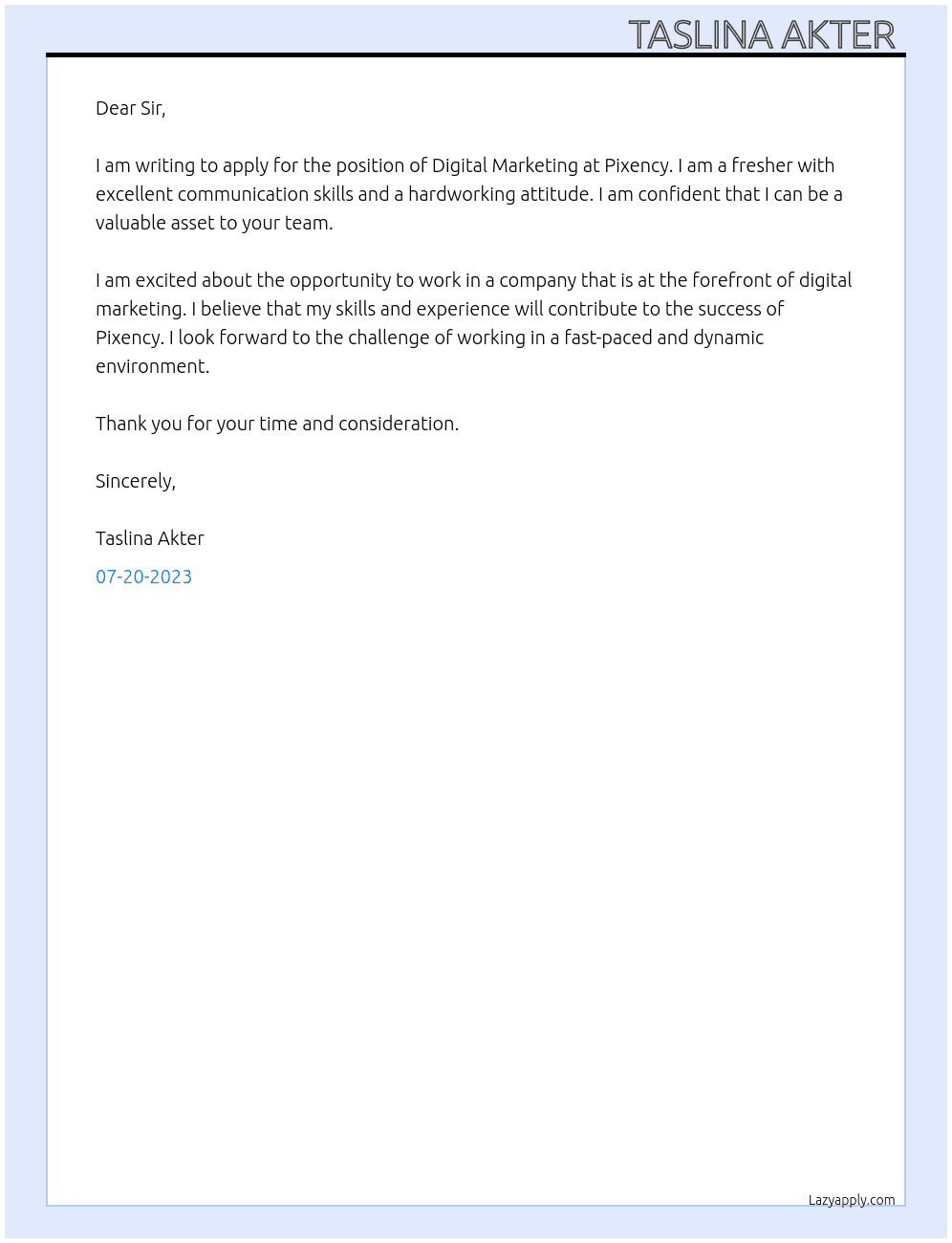 Digital Marketing  At Pixency Cover Letter