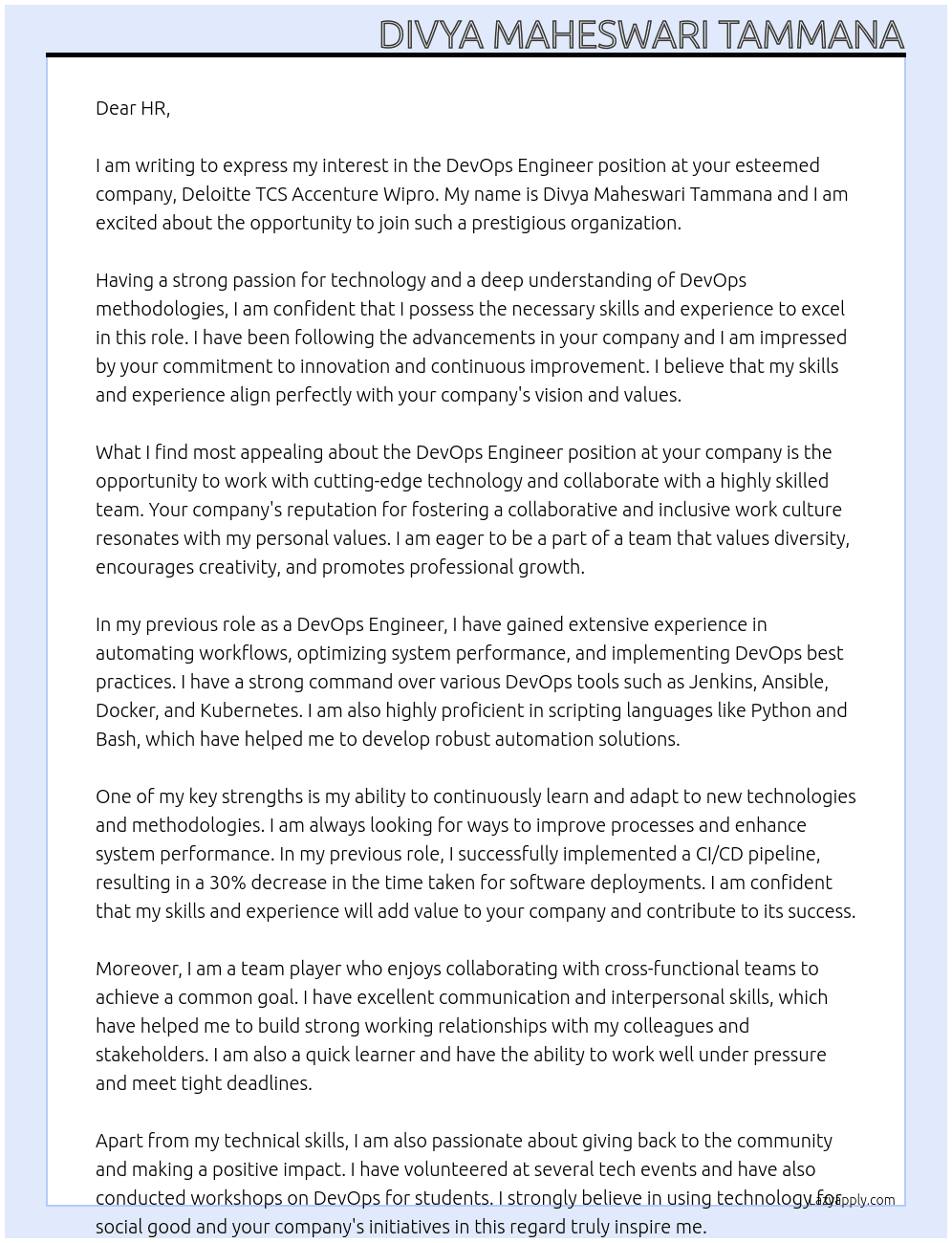 Devops Engineer At Deloitte TCS Accenture Wipro  Cover Letter