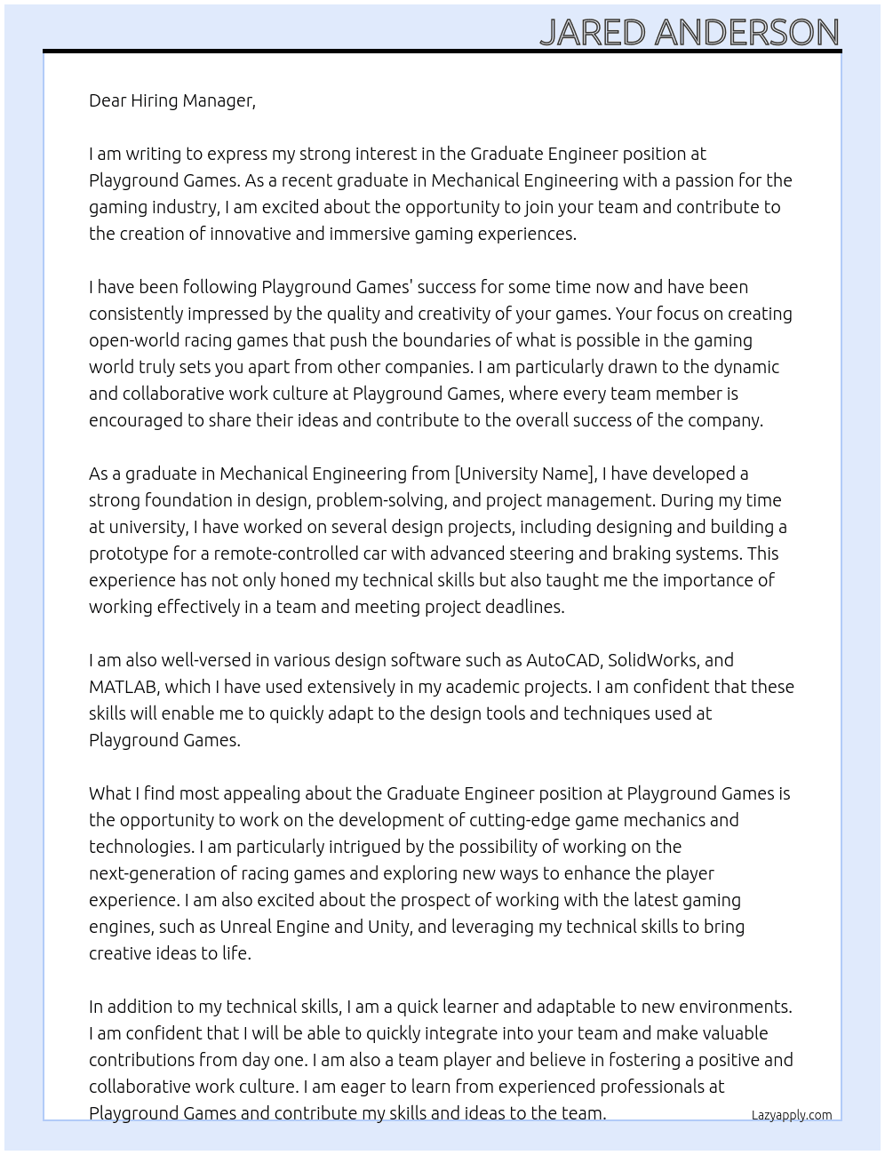 Graduate Engineer At Playground Games Cover Letter