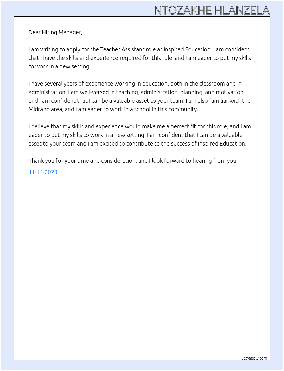 Teacher Assistant  At Inspired Education  Cover Letter