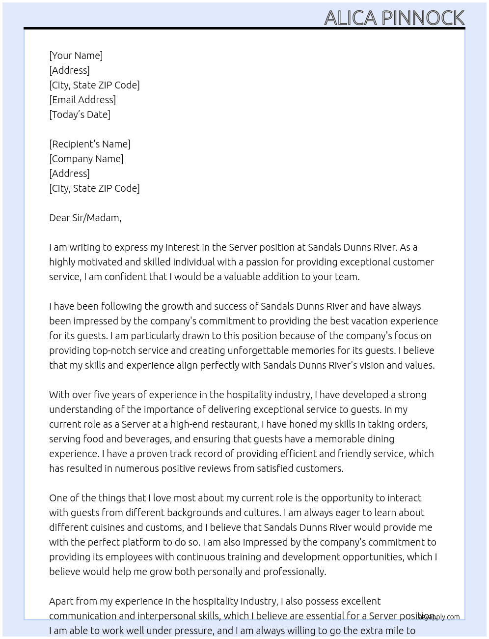 Server  At Sandals dunns river  Cover Letter
