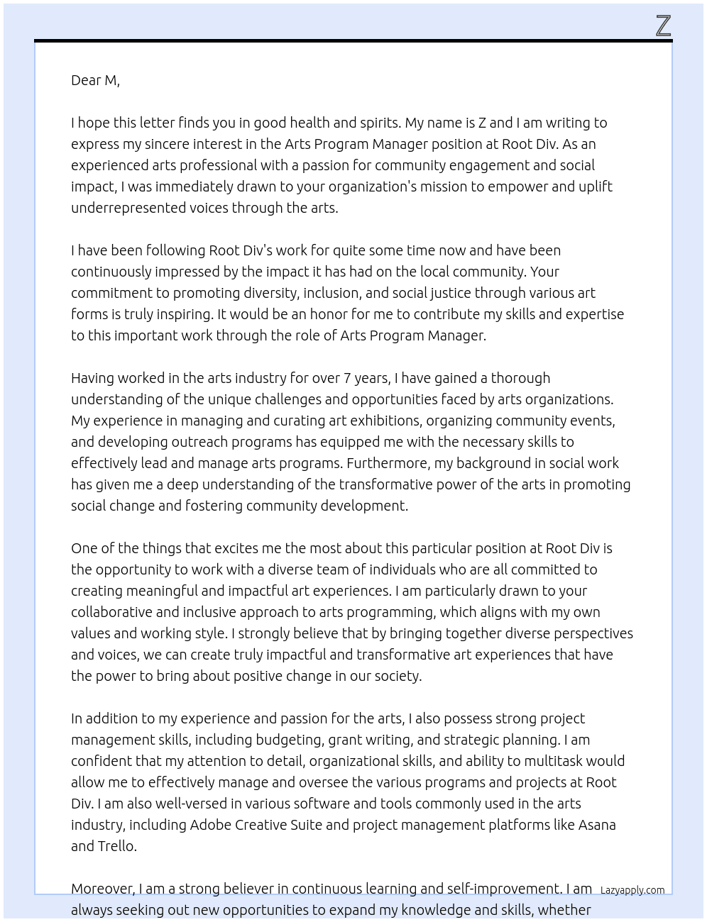 arts program manager At root div Cover Letter