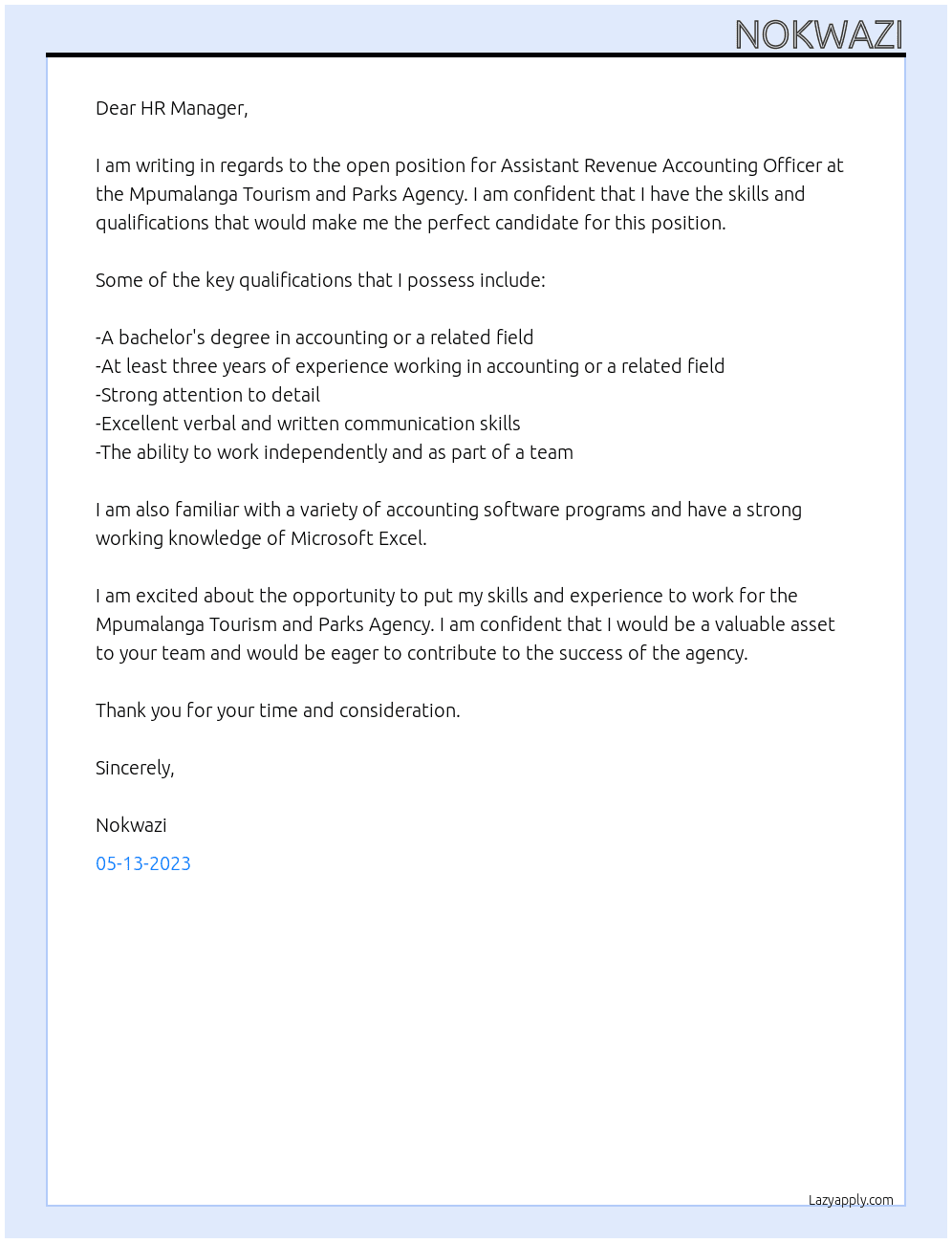 ASSISTANT REVENUE ACCOUNTING OFFICER At Mpumalanga Tourism and Parks Agency Cover Letter