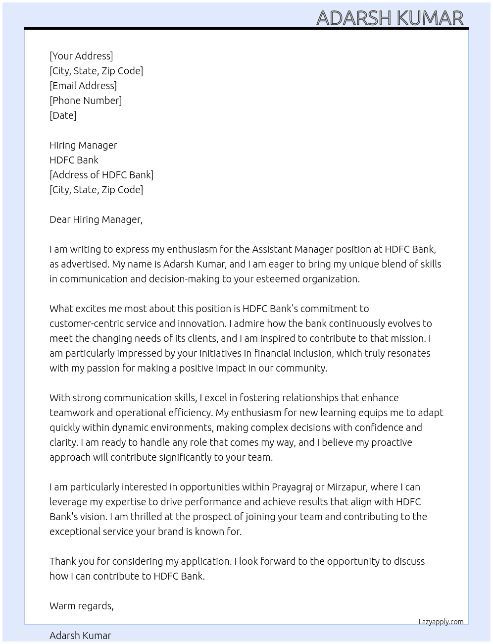 Asst manager  At HDFC BANK Cover Letter