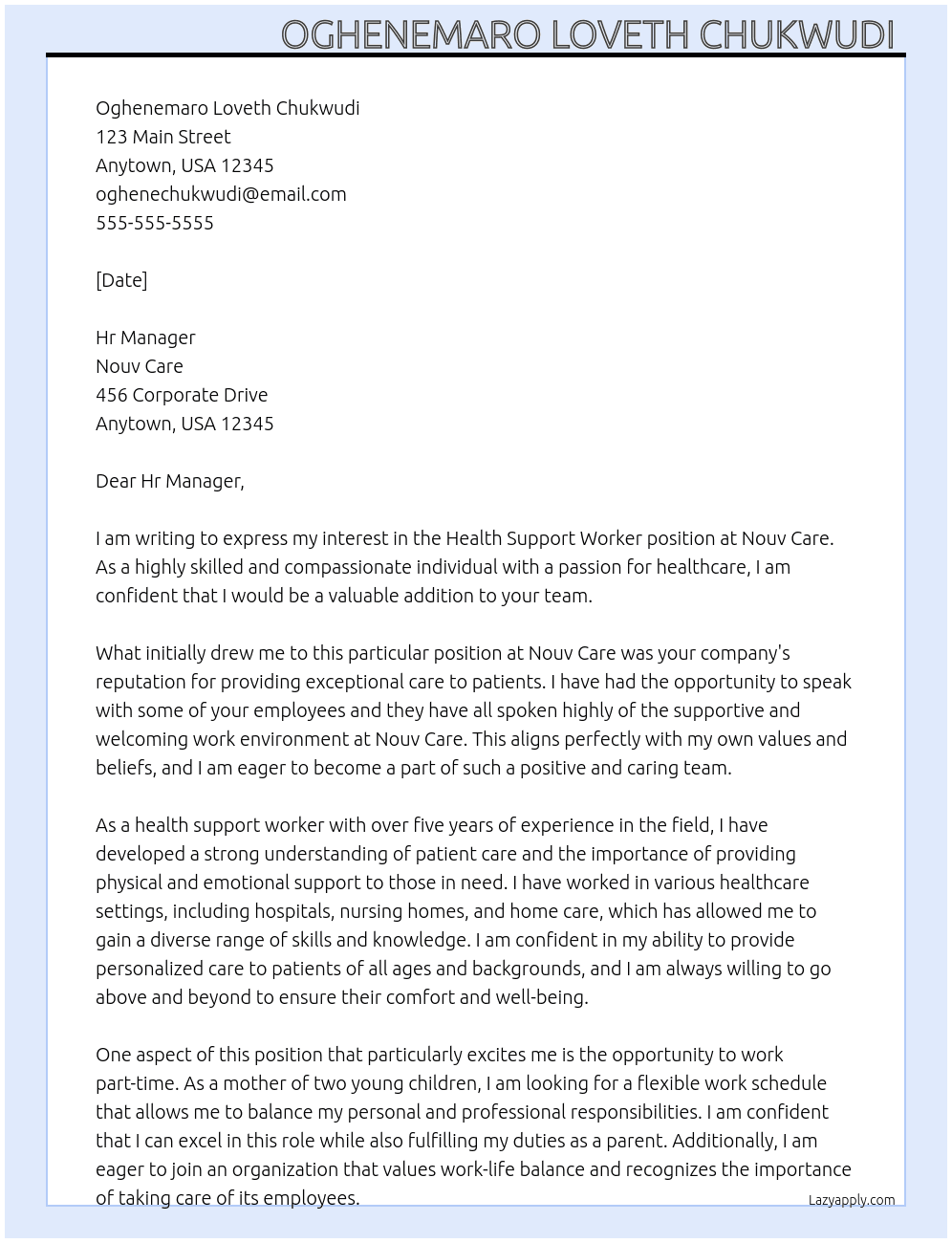 Health support worker At Nouv Care Cover Letter