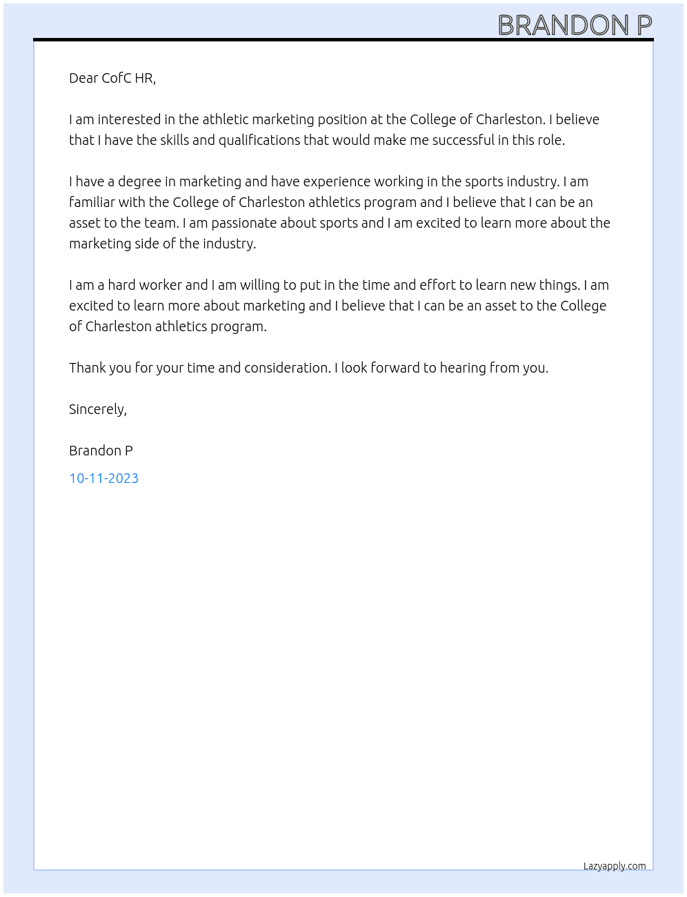 athletic marketing At College of Charleston Cover Letter