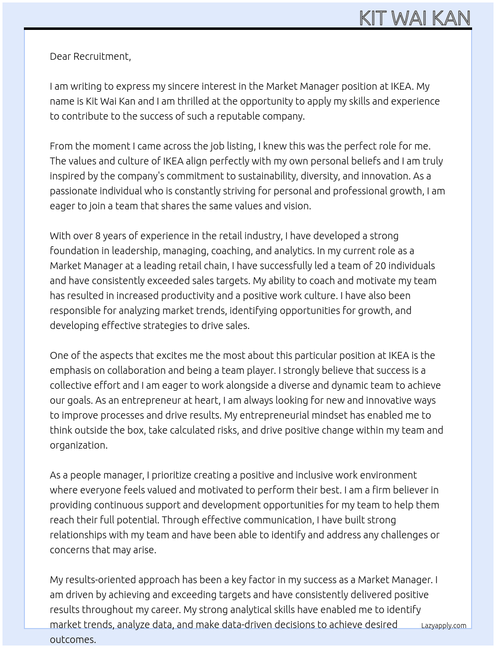Market manager At IKEA  Cover Letter