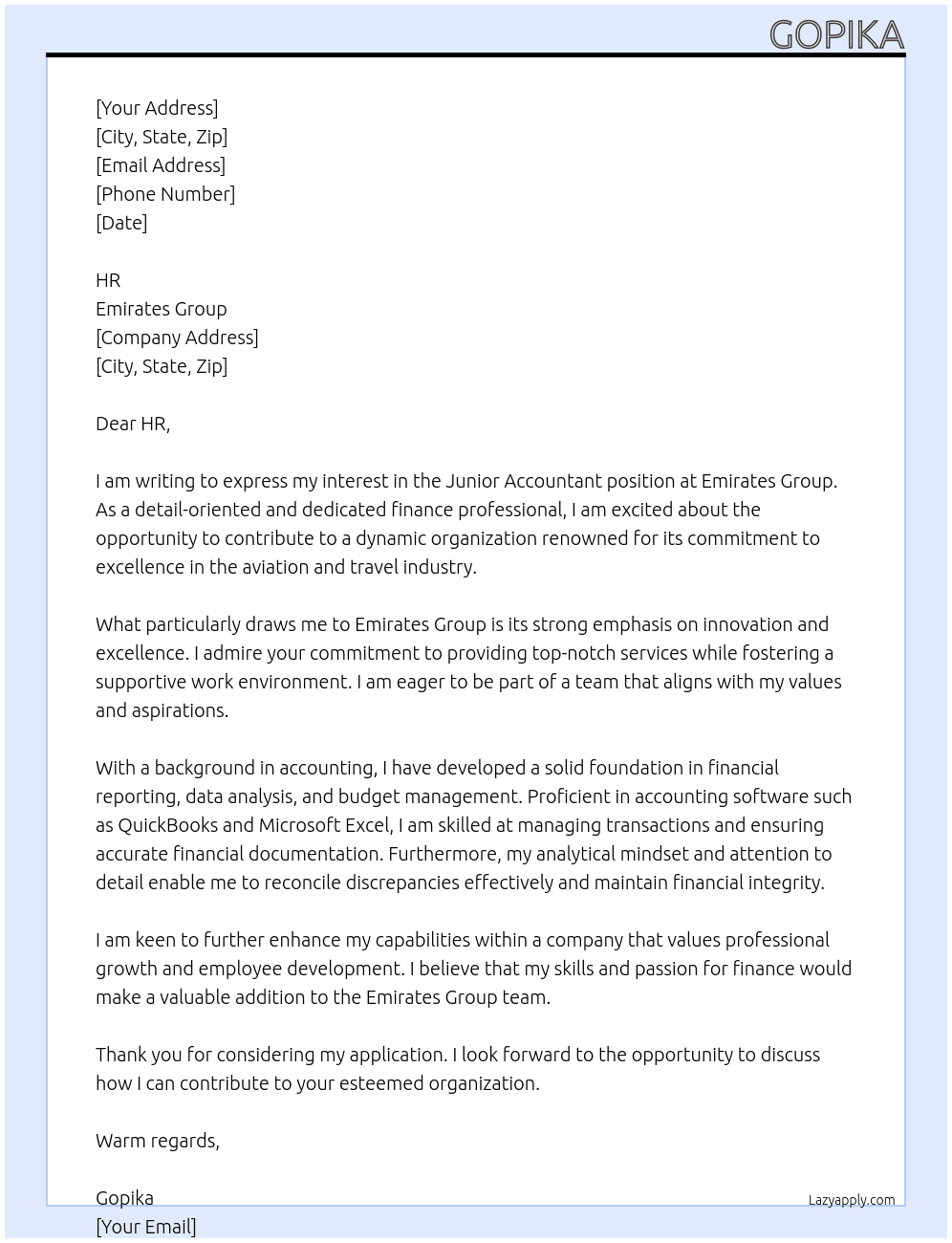 Junior accountant At Emirates Group Cover Letter