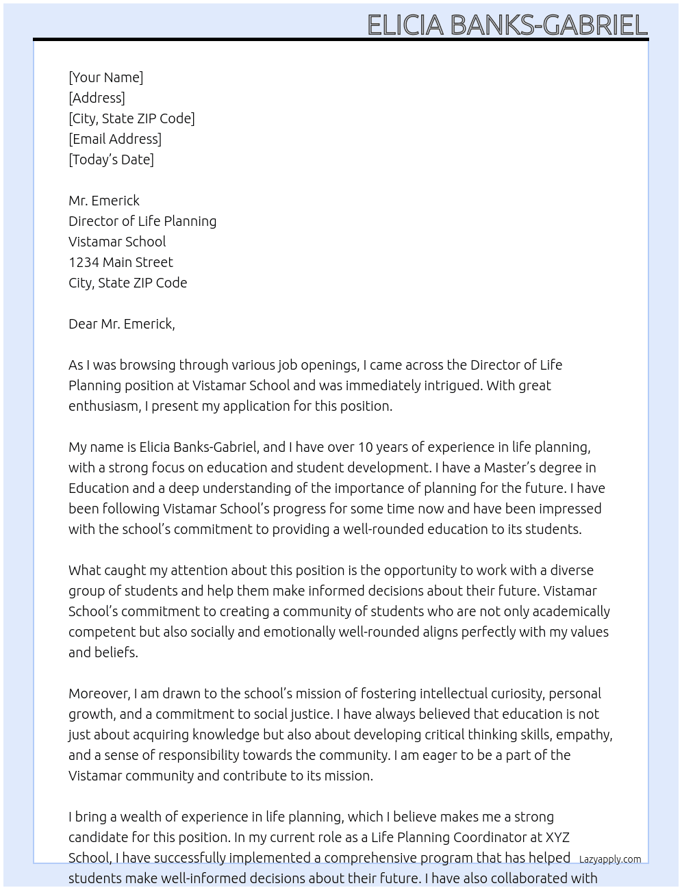 Director of Life Planning At Vistamar School Cover Letter