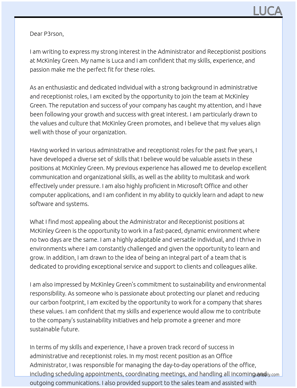 Administrator and Recepitionist Positions At McKinley Green Cover Letter