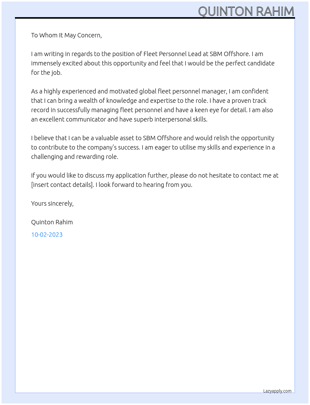 Fleet Personnel Lead At SBM Offshore Cover Letter