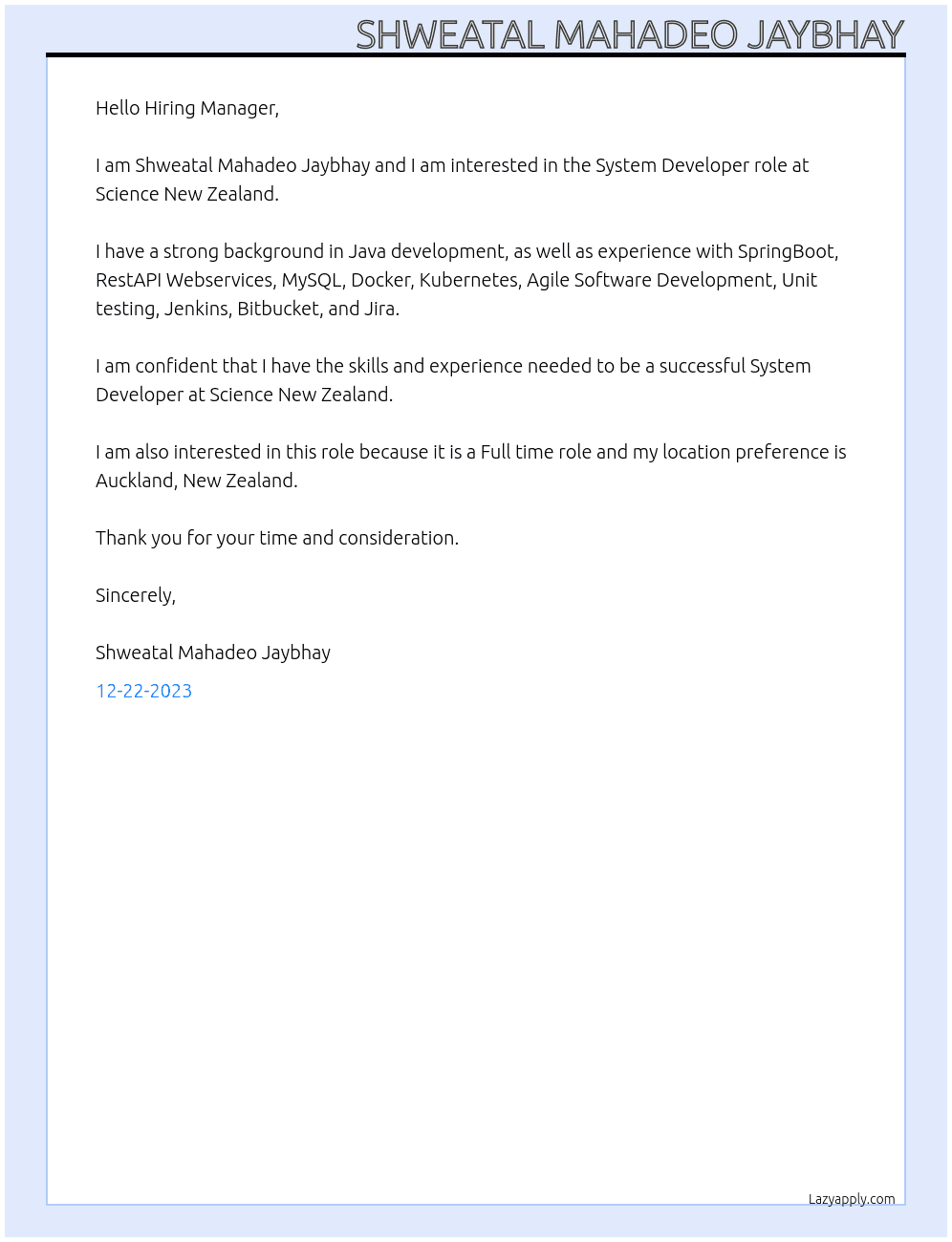 System Developer- 53404 At Science New Zealand  Cover Letter