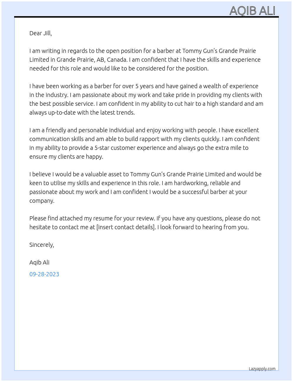 Barber  At Tommy Gun’s Grande Prairie Limited Grande Prairie, AB, Canada Cover Letter
