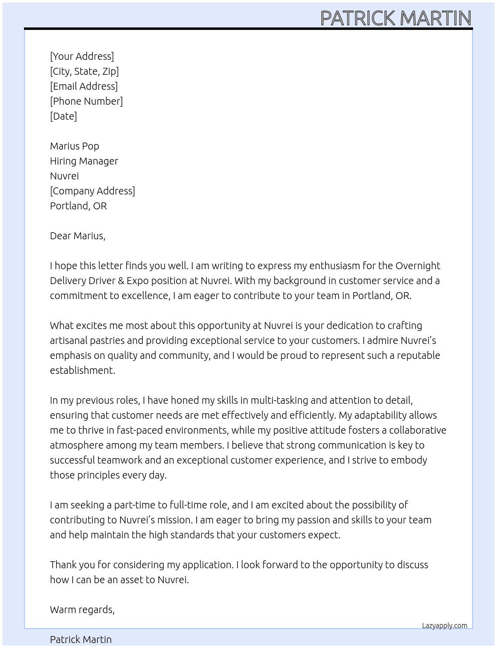 Overnight Delivery Driver & Expo At Nuvrei Cover Letter