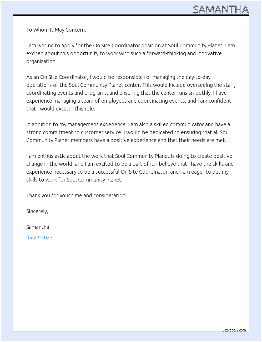 On Site Coordinator  At Soul Community Planet Cover Letter