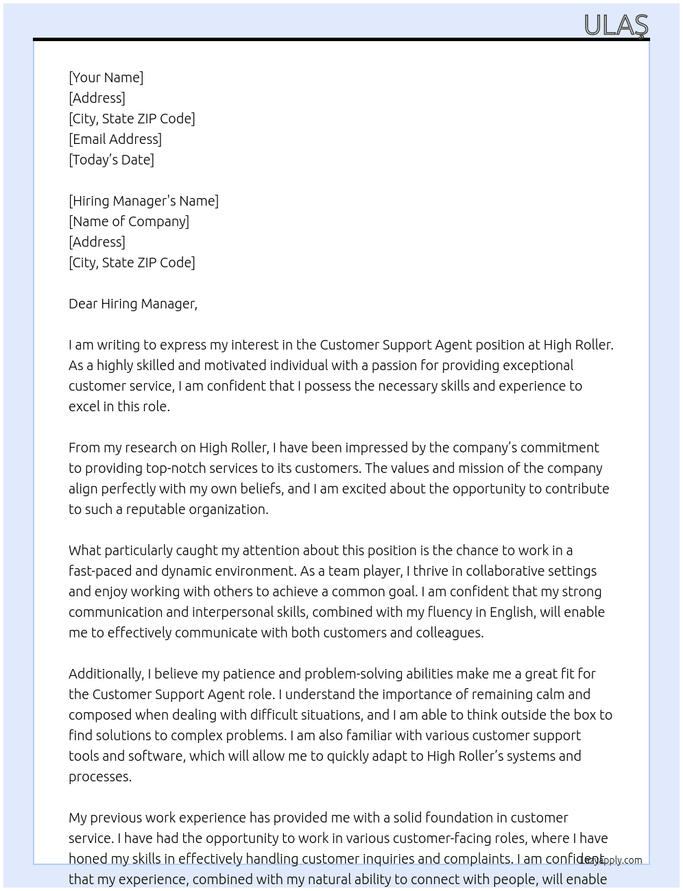 Customer Support Agent At High Roller Cover Letter