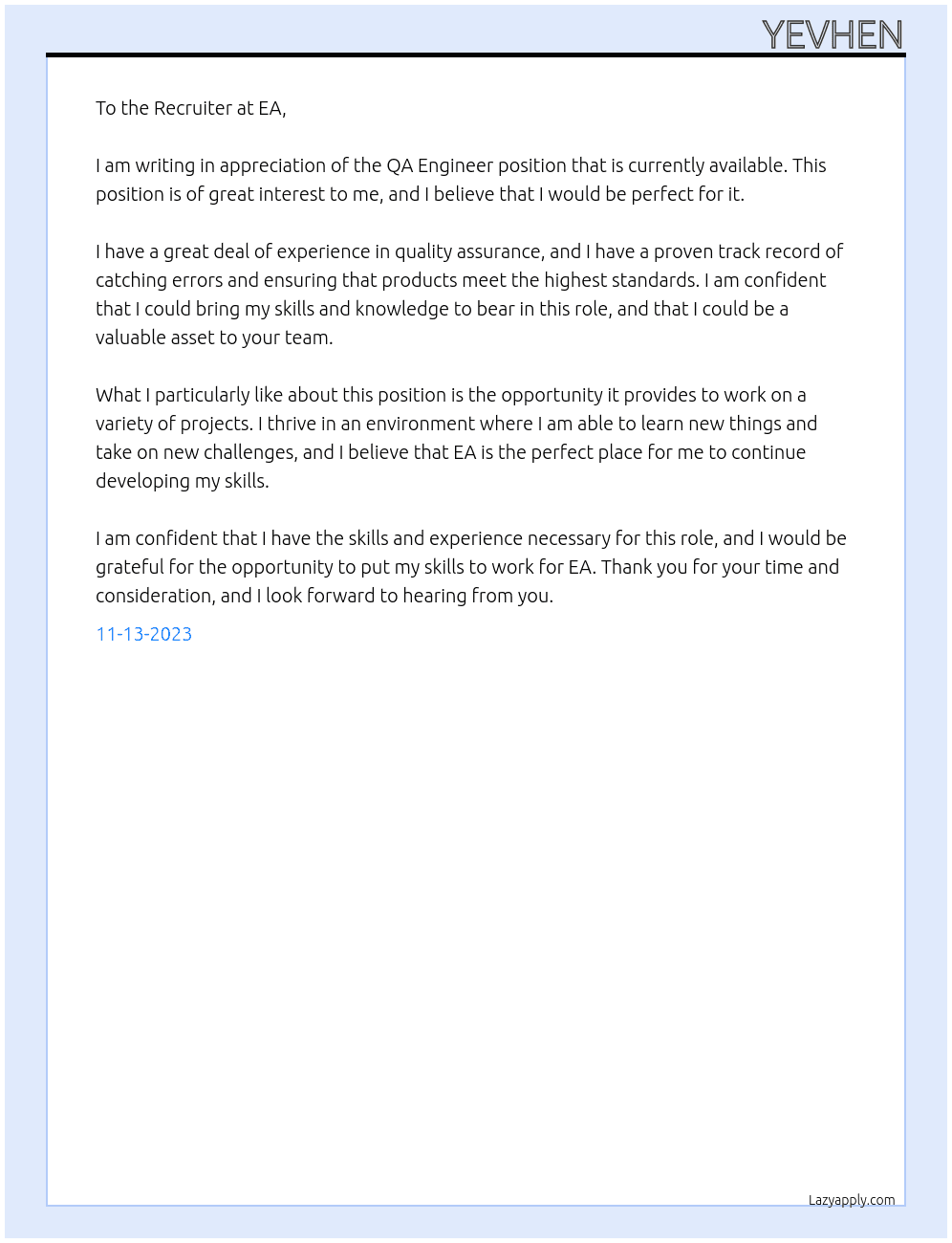 QA Engineer At EA Cover Letter