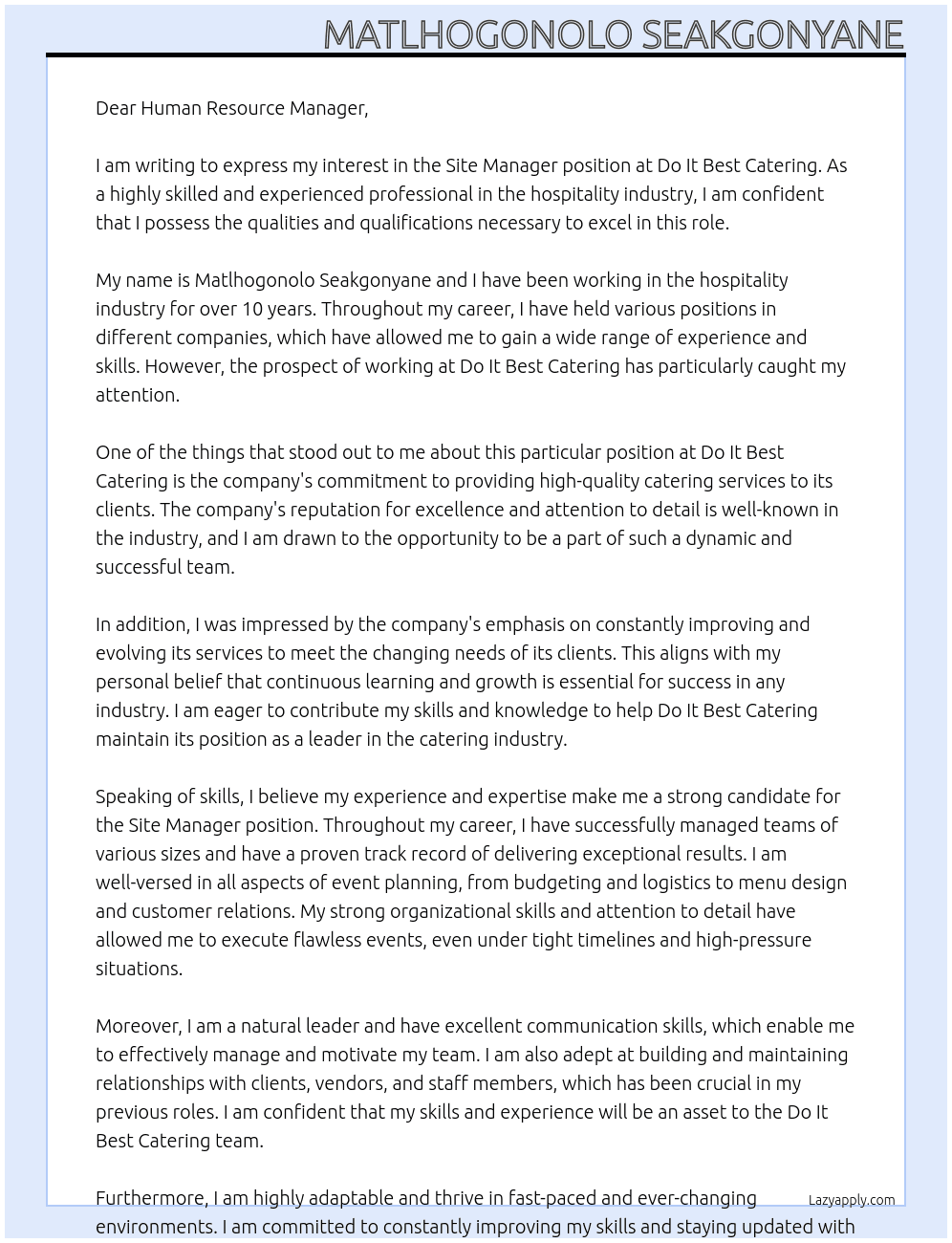 Site Manager At Do It Best Catering Cover Letter