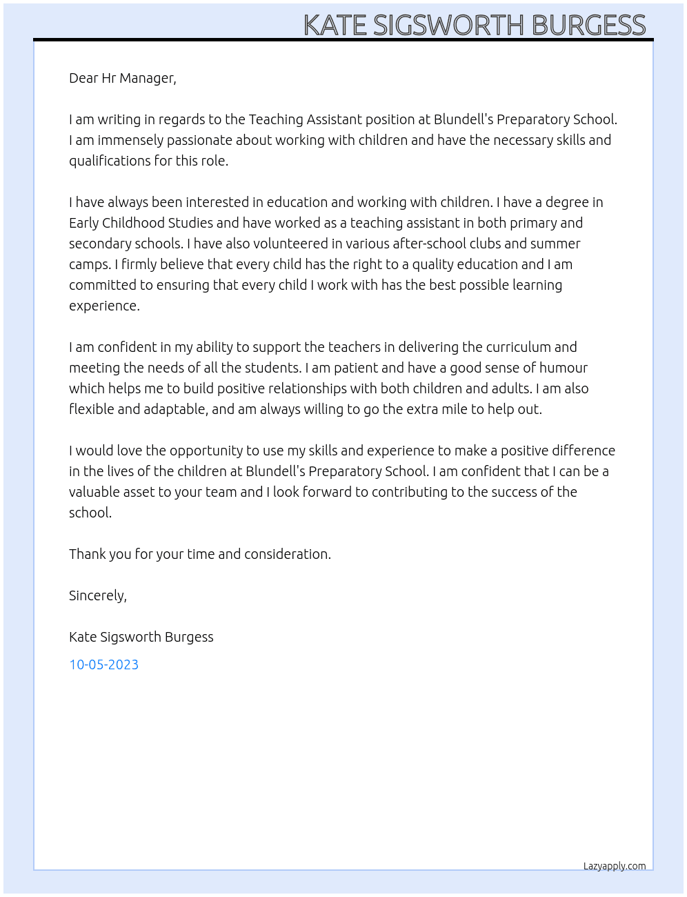 Teaching Assistant  At Blundell's Preparatory School  Cover Letter
