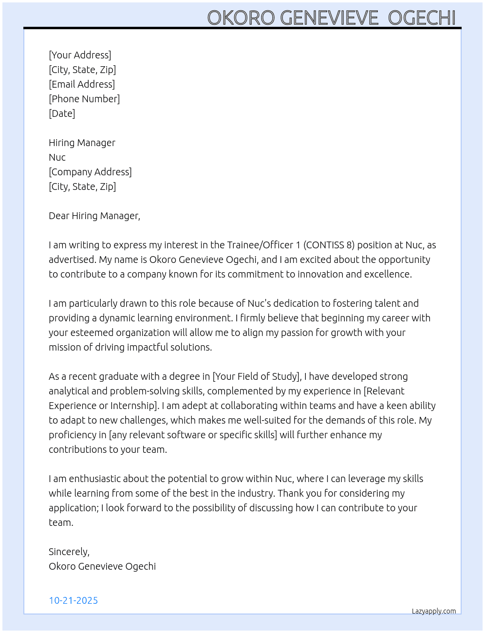 Trainee/ officer 1( contiss 8) At Nuc Cover Letter