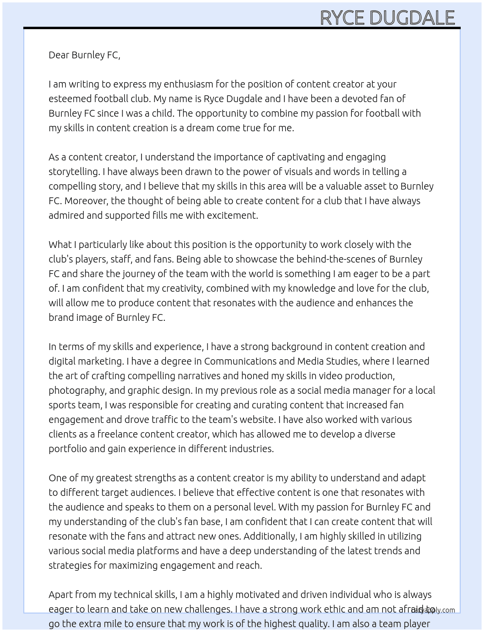 content creator At burnley fc Cover Letter